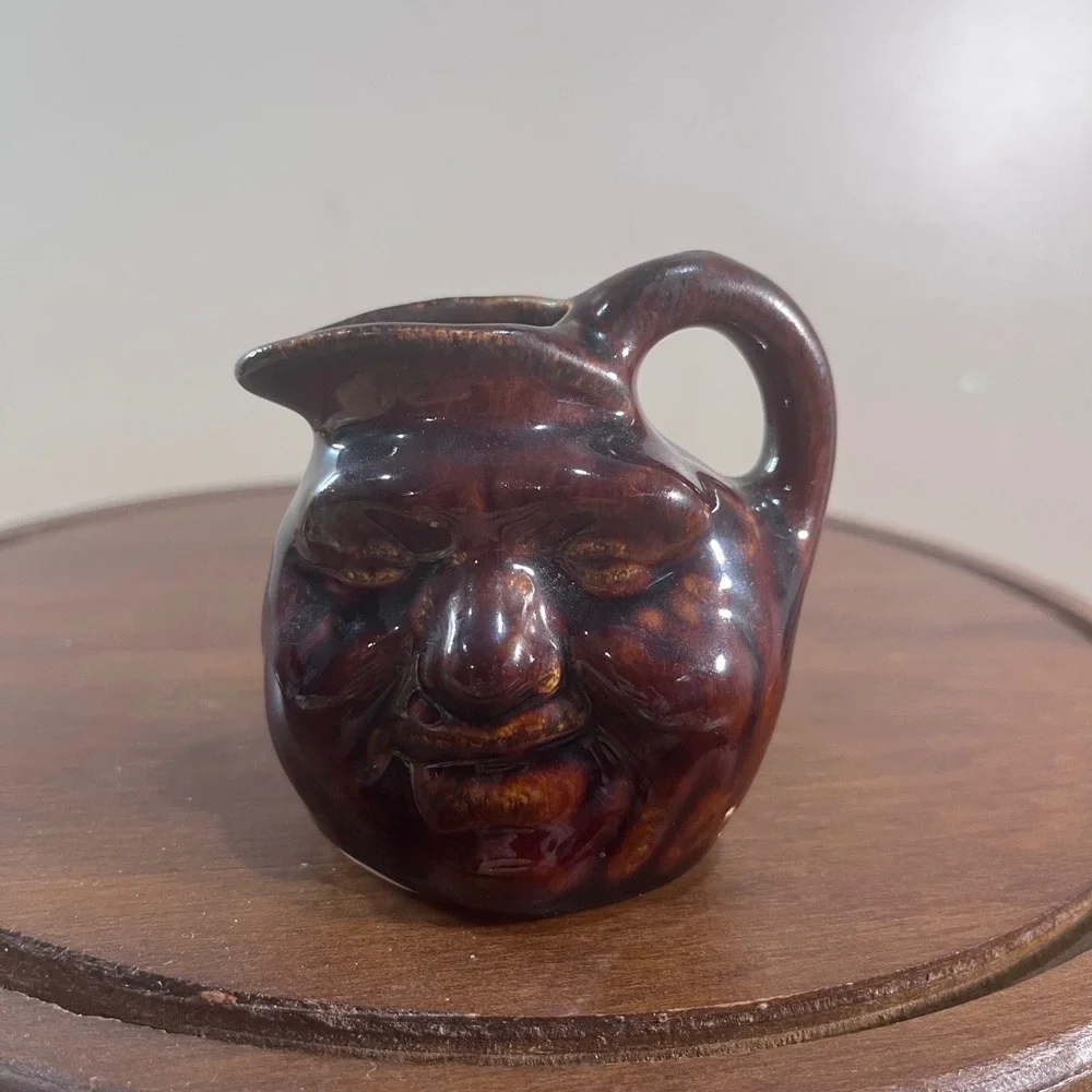 Vtg Brown Ceramic Mini Face Man Moon Jug Pitcher Drip Glaze Folk Art 3 Inch